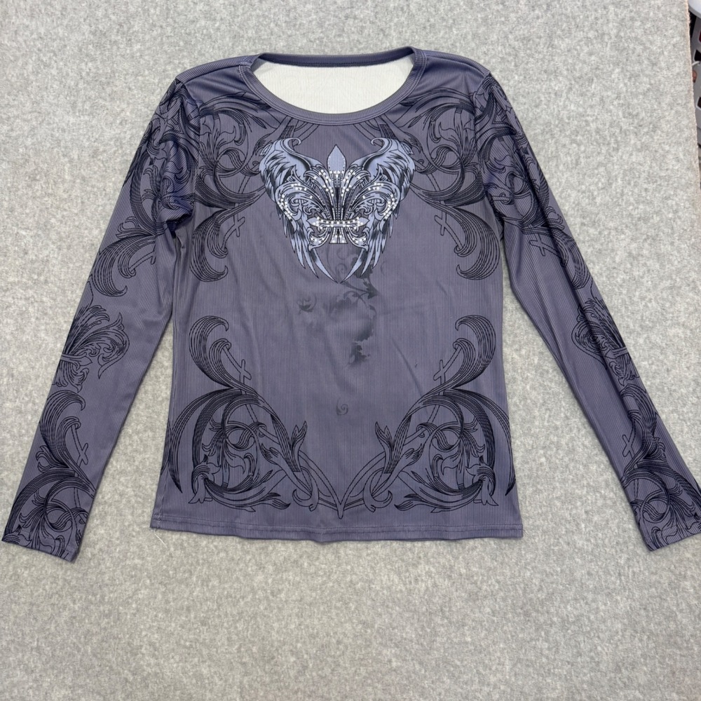 Womens Purple Y2K Angel Wings Fleur De Lis Ribbed Long Sleeve Top L